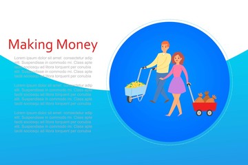 Obraz na płótnie Canvas Making money smart lady with truck of money bags and business man with golden coins profit cartoon vector illustration. Making money for business and finance concept poster.