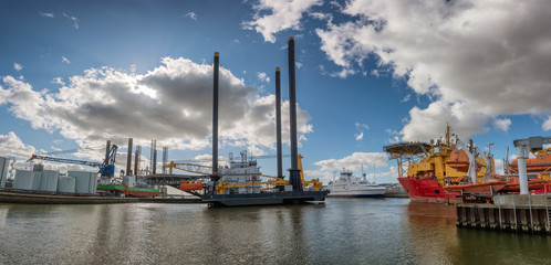 Rigs for setting up wind power turbines, Esbjerg harbor, Denmark