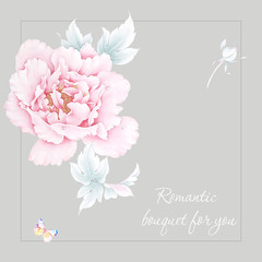 Set of card with flower peony, leaves. Oriental style painting. Wedding ornament concept. Floral poster, invite. Decorative greeting card or invitation design background