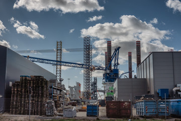 Wind power rig construction site in Esbjerg harbor, Denmark