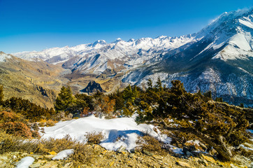 Top view of the Kali Gandaki valley in sunny winter day. Yak kharka, a pasture above Marpha...