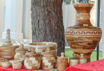  Handmade wooden utensils and wooden jug 