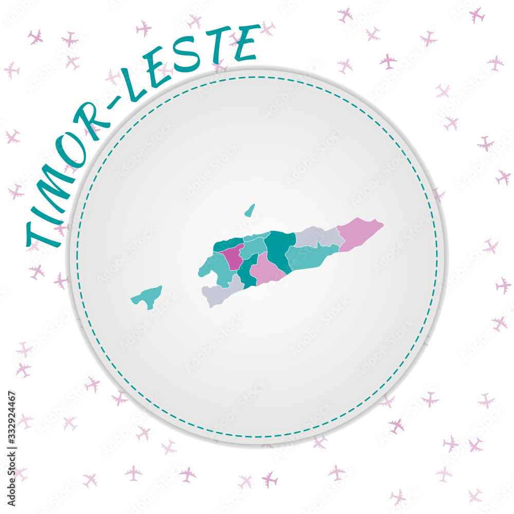 Poster timor-leste map design. map of the country with regions in emerald-amethyst color palette. rounded t