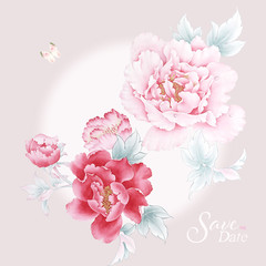 Set of card with flower peony, leaves. Oriental style painting. Wedding ornament concept. Floral poster, invite. Decorative greeting card or invitation design background