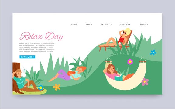 Relax day outdoors leisure in park, summer time cartoon web template vector illustration. Men and women lie on bentch and hammock on grass in nature, reading book webpage.