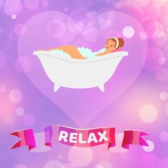 Relax woman, beautiful young brunette girl having a relaxing bubble bath in vintage bathtub cartoon vector illustration. Relaxation spa background.