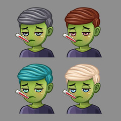 Emotion icons man is sick with thermometer for social networks and stickers. Vector illustration