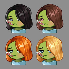 Emotion icons women with short hair is sick with thermometer for social networks and stickers. Vector illustration