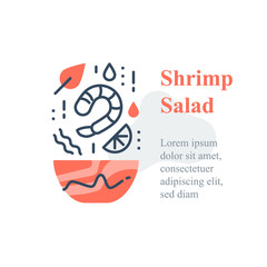 Delicious shrimp salad, seafood recipe, eat healthy food, full bowl, falling ingredients