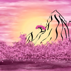 Fototapeta premium Mountains and flowering tree
