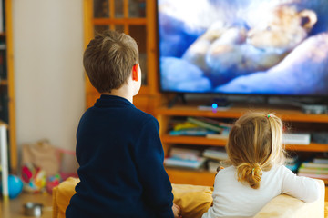 Cute little toddler girl and school kid boy watching animal movie or movie on tv. Happy healthy...