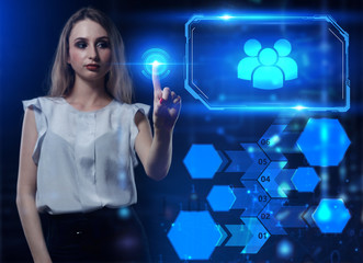 Business, Technology, Internet and network concept. Young businessman working on a virtual screen of the future and sees the inscription: