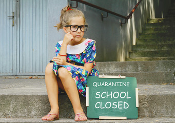 Coronavirus school closing, Quarantine. Unhappy girl missing her Friends Portrait