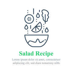 Delicious vegetable salad, simple recipe, eat healthy food, full bowl, falling ingredients, nutritious diet