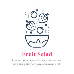 Delicious berry salad, simple recipe, eat healthy food, full bowl, falling ingredients, nutritious diet
