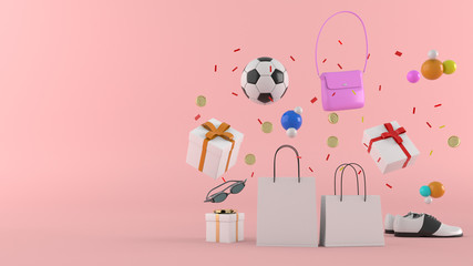 3D rendering 3D illustration Online shop , Shopping bags, wallet, banks and coins amidst colorful balls on a  background.