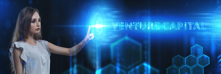 Business, Technology, Internet and network concept. Young businessman working on a virtual screen of the future and sees the inscription: Venture capital