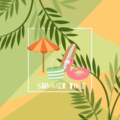 Summer time exotic travel poster with umbrella, swimming flamingo and palm leaves vector illustration. Vacation on sea summer time poster.