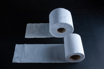 Small and big toilet paper roll on dark background side view