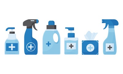 Disinfection. Hygiene. Set of hand sanitizer bottles, washing gel, spray, wipes box, liquid soap. Vector illustration