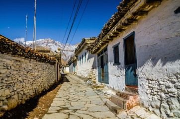 Old traditional nepalese Thinigaun (Thinigaon) village street in winter sunny day. Kali Gandaki...