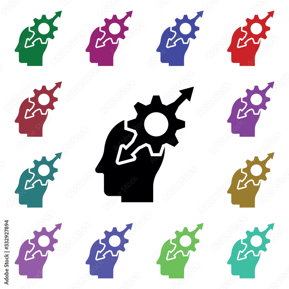 Poster gear in mind multi color icon. simple glyph, flat vector of human mind icons for ui and ux, website 