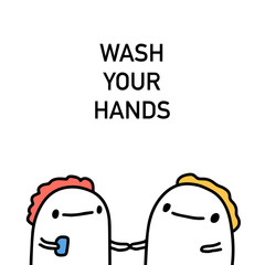 Wash your hands vector illustration in cartoon comic style people holding peace of soap hygiene while infection coronavirus covid-19