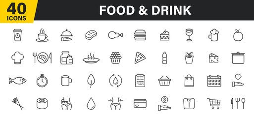 Set of 40 Food and Drink web icons in line style. Coffe, water, eat, restaurant, fastfood. Vector illustration.