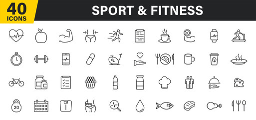Set of 40 Sport and Fitness, healthy food web icons in line style. Soccer, nutrition, workout, teamwork. Vector illustration.