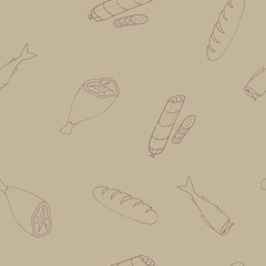 Set of food items doodle icons. Seamless pattern