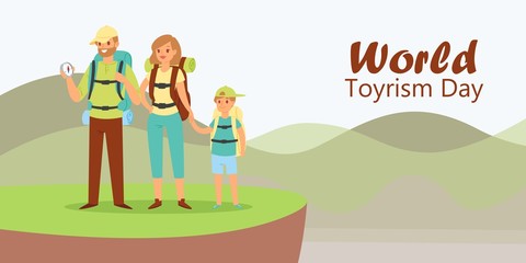 World tourism day with tourists family father, mother and son with backpack on vacation hiking cartoon vector illustration. World Travel. Planning summer adventure poster.