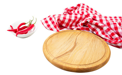 empty round wooden board and checkered tablecloth isolated over white background top view, Empty wooden board top view isolated copy space and red hot pepper, empty round wooden plate top view mock up