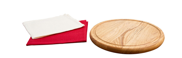 paper napkins and round empty wooden board, empty pizza plate top view mock up background