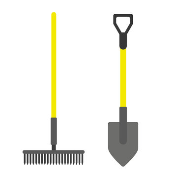 Shovel and rake icon or sign isolated on white background. Gardening tools design. Vector illustration.