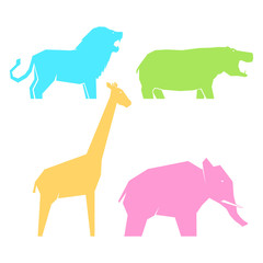 Set of multi-colored african animals in different poses, lions and hippos, elephants and giraffes, vector illustration