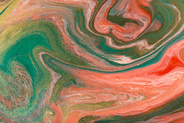 Pink, green and gold abstract paint marble background with copyspace.