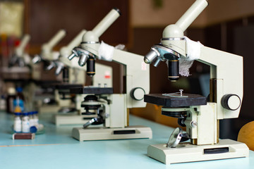 blurry microscopes in the virology laboratory of a polyclinic