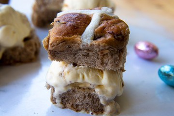 Hot cross buns ice cream bun sandwiches with easter eggs