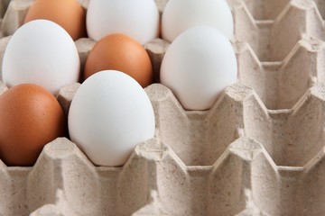 Brown and white chicken eggs in cardboard egg tray. Organic egg for healthy protein breakfast. Easter symbol. Raw chicken eggs.