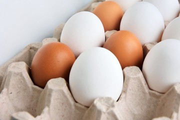 Brown and white chicken eggs in cardboard egg tray. Organic egg for healthy protein breakfast. Easter symbol. Raw chicken eggs.