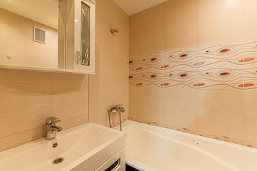 Russia, Moscow- November 20, 2019: interior room apartment modern bright cozy atmosphere. general cleaning, bathroom, sink, decoration elements, toilet