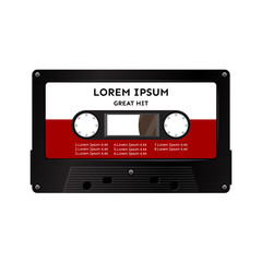 Audio tape cassette with letter on white-red label, isolated vector on white background.