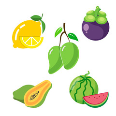flat icons for fruits,lemon,mangosteen,mango,papaya,watermelon,vector illustrations