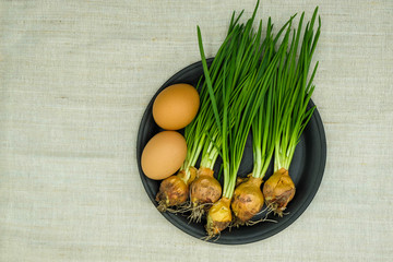Naklejka na ściany i meble Set for salad. Green onions and two eggs on a black ceramic plate in Ukraine. Copy space.