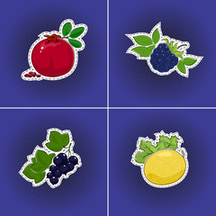 Set of fruits sticker on a purple violet pop art halftone background, sweet berries blueberries and blackcurrant, pomegranate and melon, pins or patches, retro style, vector illustration