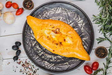 khachapuri in ajarian. Georgian cuisine. view from above.