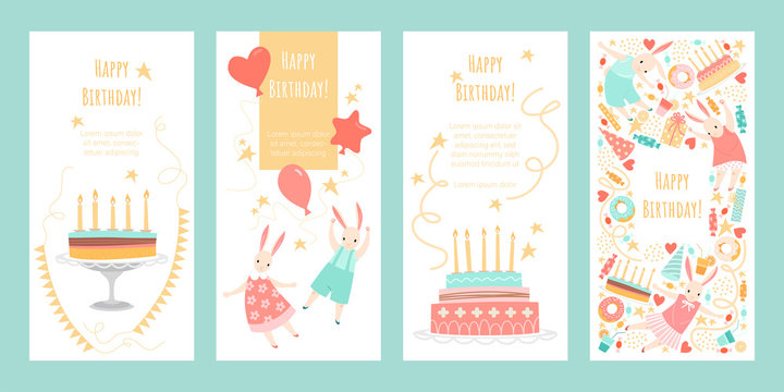 Set of birthday greeting cards with cakes, candles, gifts, decorations and cute cheerful rabbits