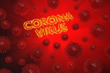 Coronavirus Wuhan, China COVID-19 inscription with corona cells around. Epidemic condition 3d illustration on red background