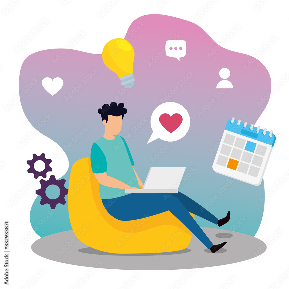 Poster man working in workplace with computer and icons vector illustration design