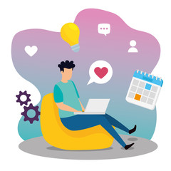 man working in workplace with computer and icons vector illustration design